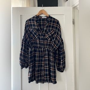 Talulah Blue Tan Plaid Boho Drop Shoulder Tunic Top Size Large